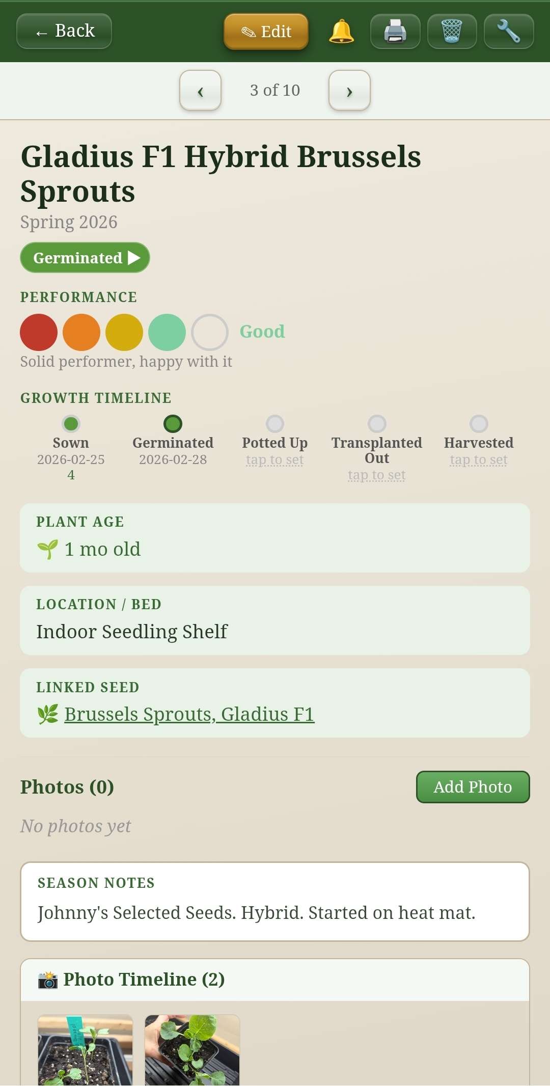 Grow Log detail with growth timeline
